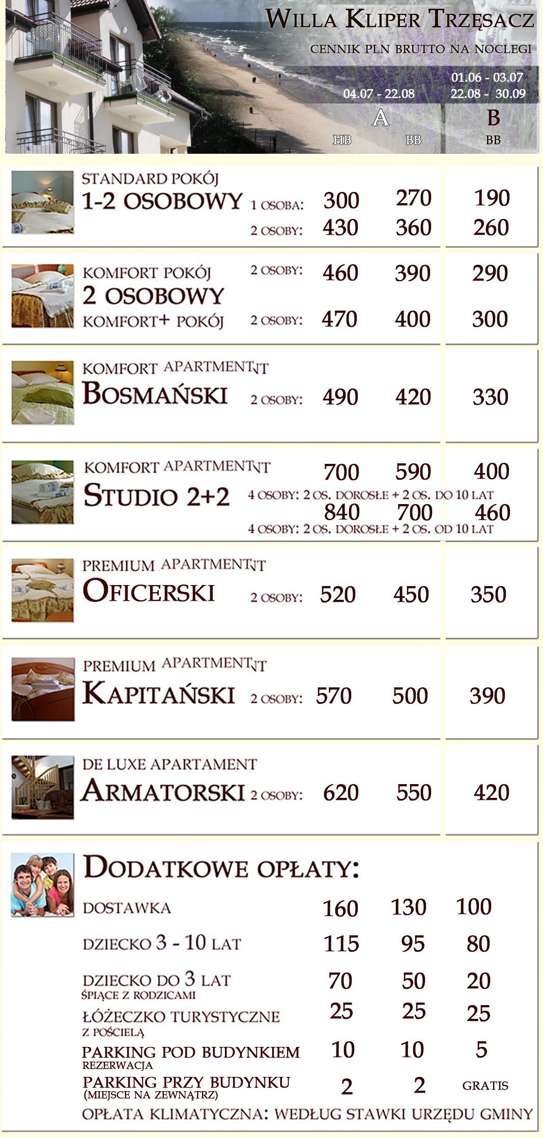 Pokoje i apartamenty nad morzem TrzÄsacz - cennik